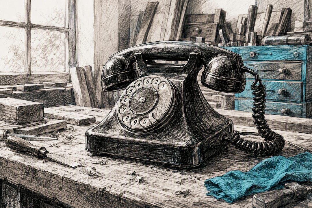 Altes Telefon auf Werkstatttisch aus Holz