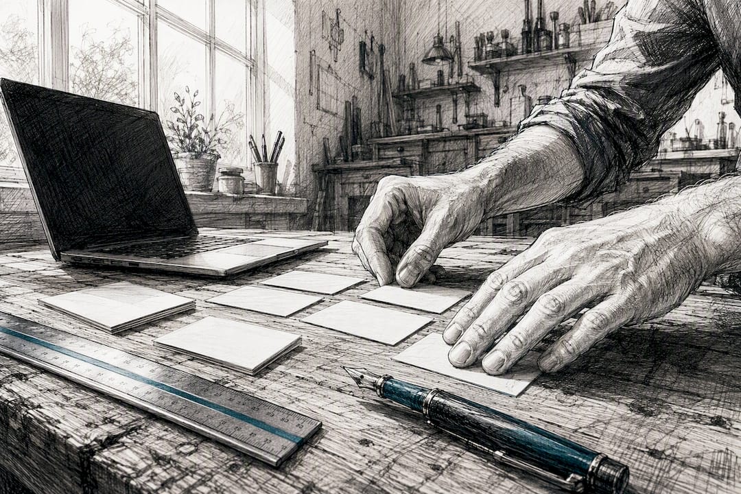 Workshop-Teilnehmer ordnen leere Visitenkarten