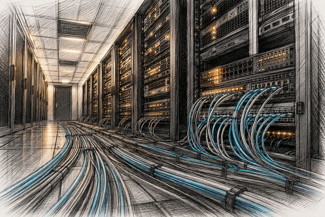 Serverraum mit Netzwerkkabeln und Servern