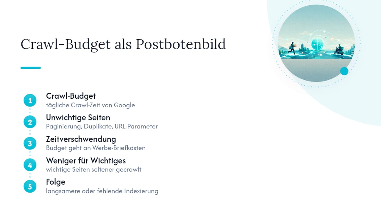 Diagramm, das das Konzept des Crawl-Budgets anhand einer Postzustellung erklärt
