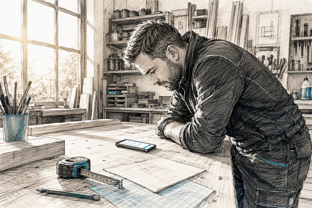 Handwerker legt sein Smartphone auf die Werkbank