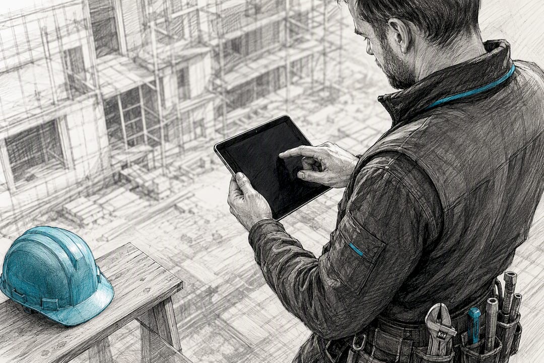 Handwerker mit Tablet vor der Baustelle
