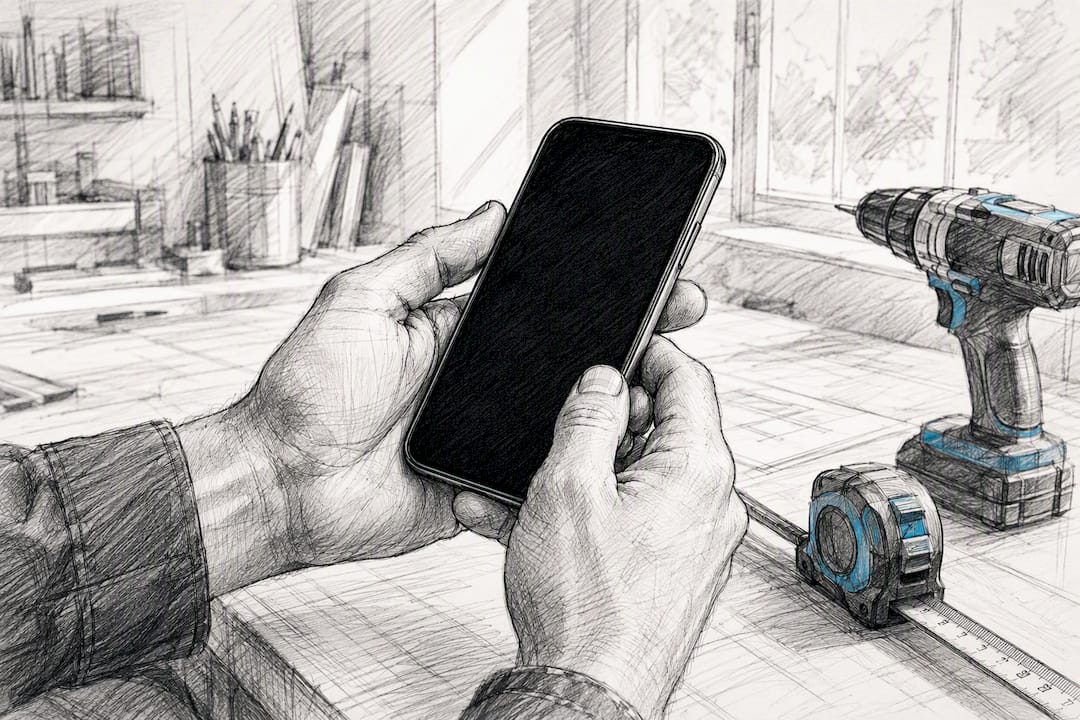 Handwerker hält Smartphone in der Werkstatt