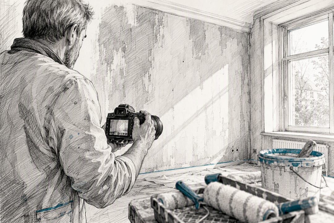 Maler fotografiert Wand vor Beginn der Arbeit