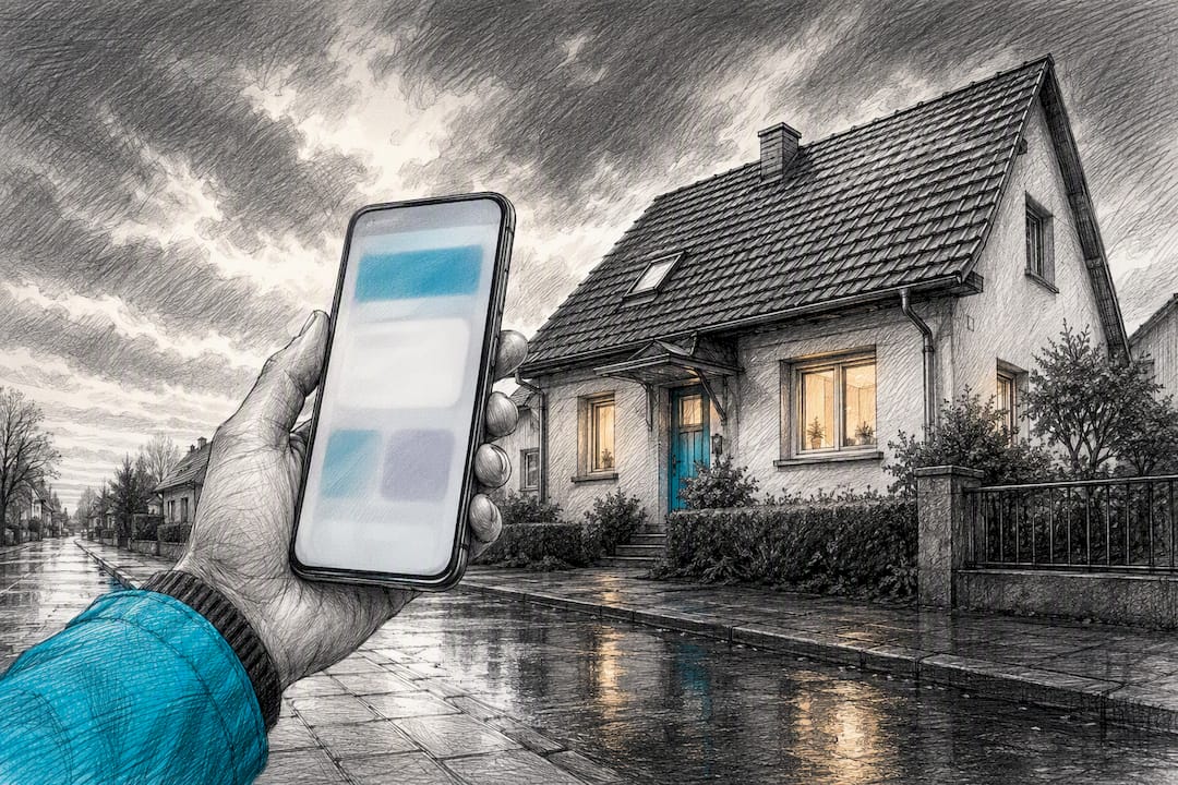 Dachsuche in der Nähe per Smartphone vor dem Wohnhaus