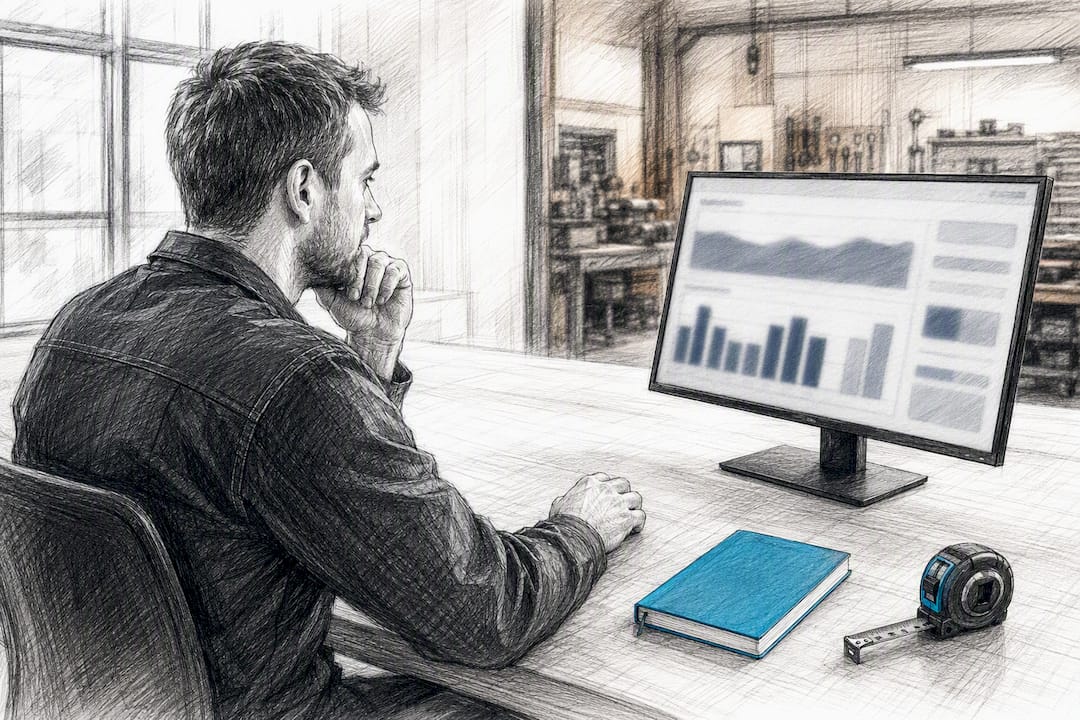 Handwerker wertet Suchdaten der Website am Bildschirm aus