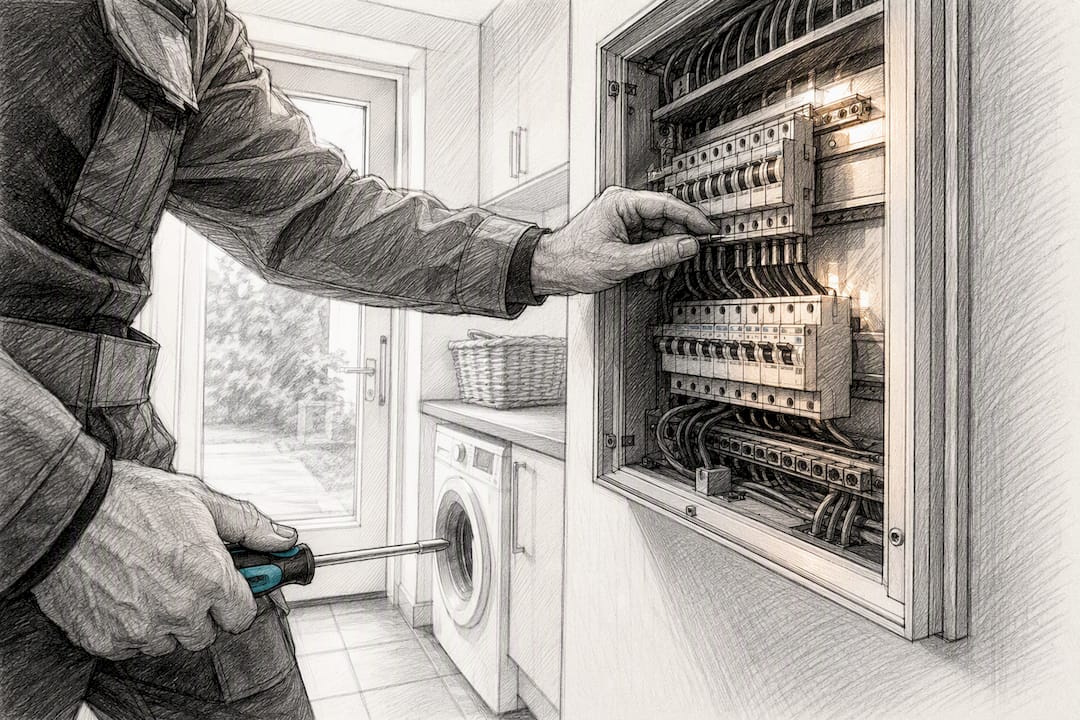 Elektriker sieht sich den Sicherungskasten im Hauswirtschaftsraum an