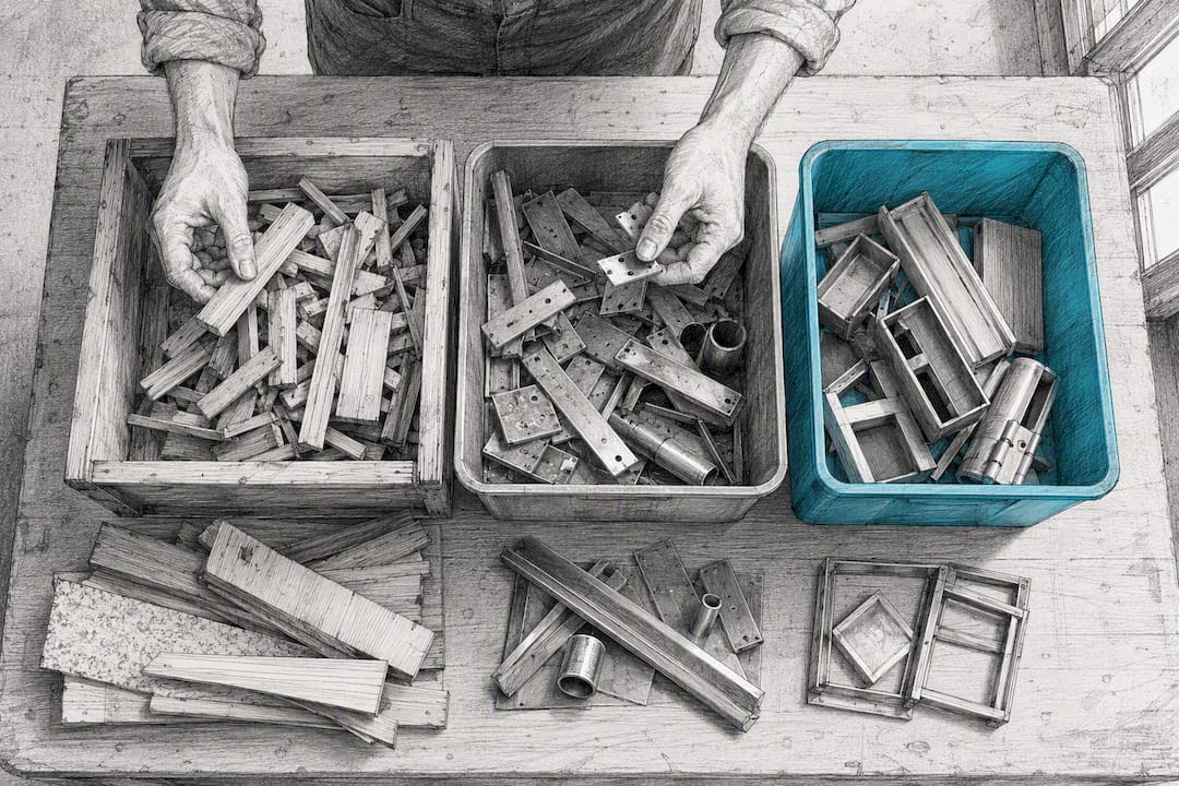 Hände sortieren Restmaterialien zum Recycling