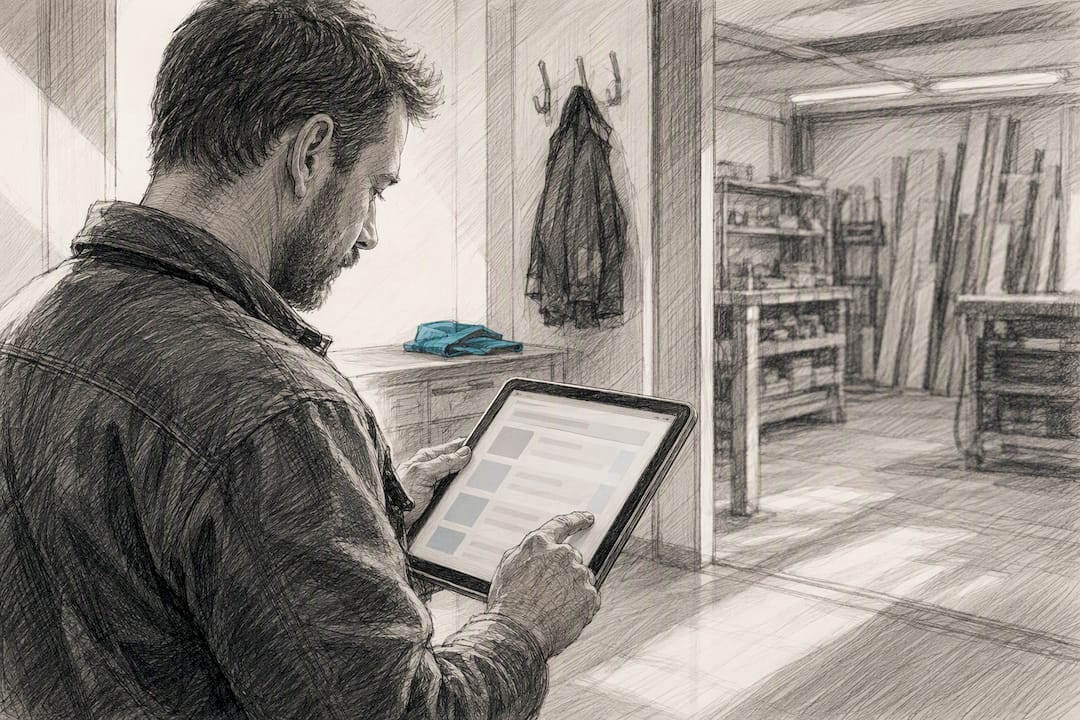 Handwerker schaut sich digitale Checkliste auf dem Tablet an