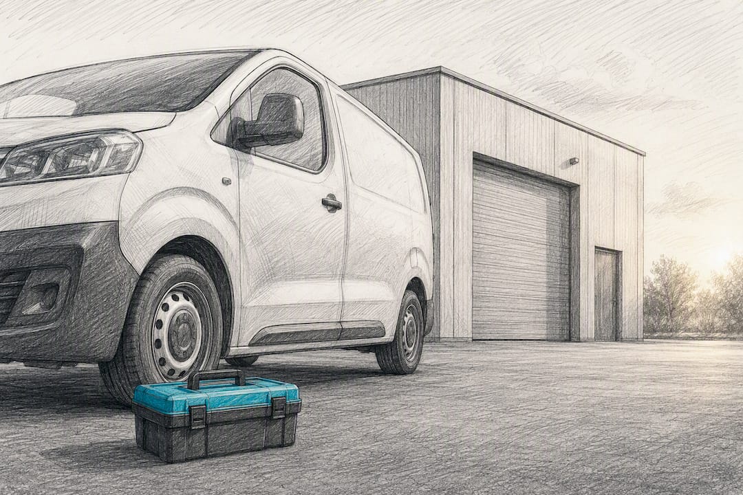 Firmenwagen eines Elektrofachbetriebs vor dem Gebäude