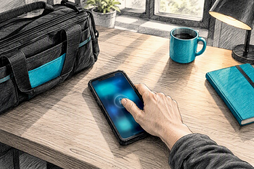 Handwerkerin sperrt ihr Smartphone am Arbeitsplatz weg