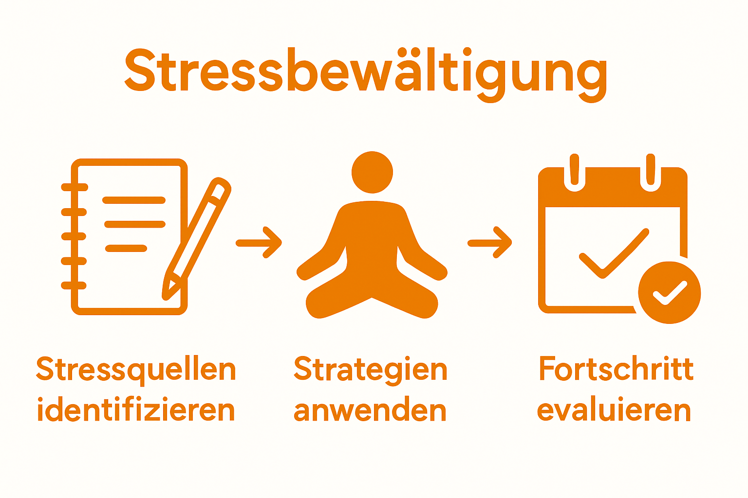 Infografik mit drei Schritten der Stressbewältigung: erkennen, anwenden, auswerten