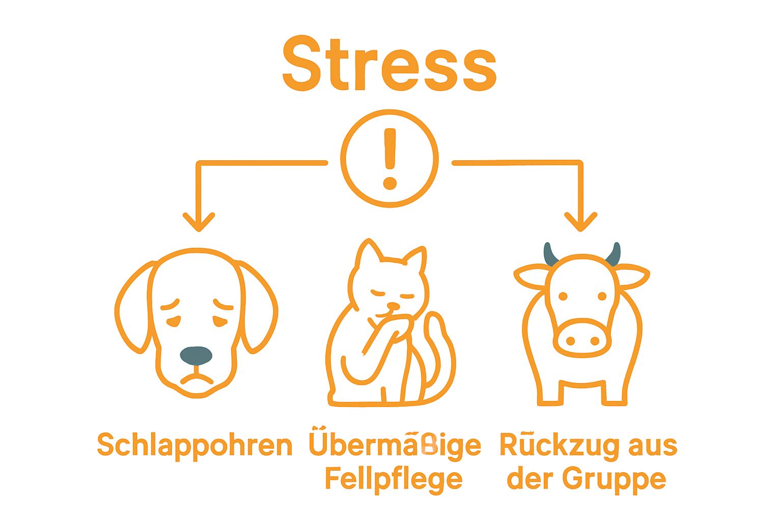 Vergleich: Stressanzeichen bei Hund, Katze und Kuh, Icons und Symbole
