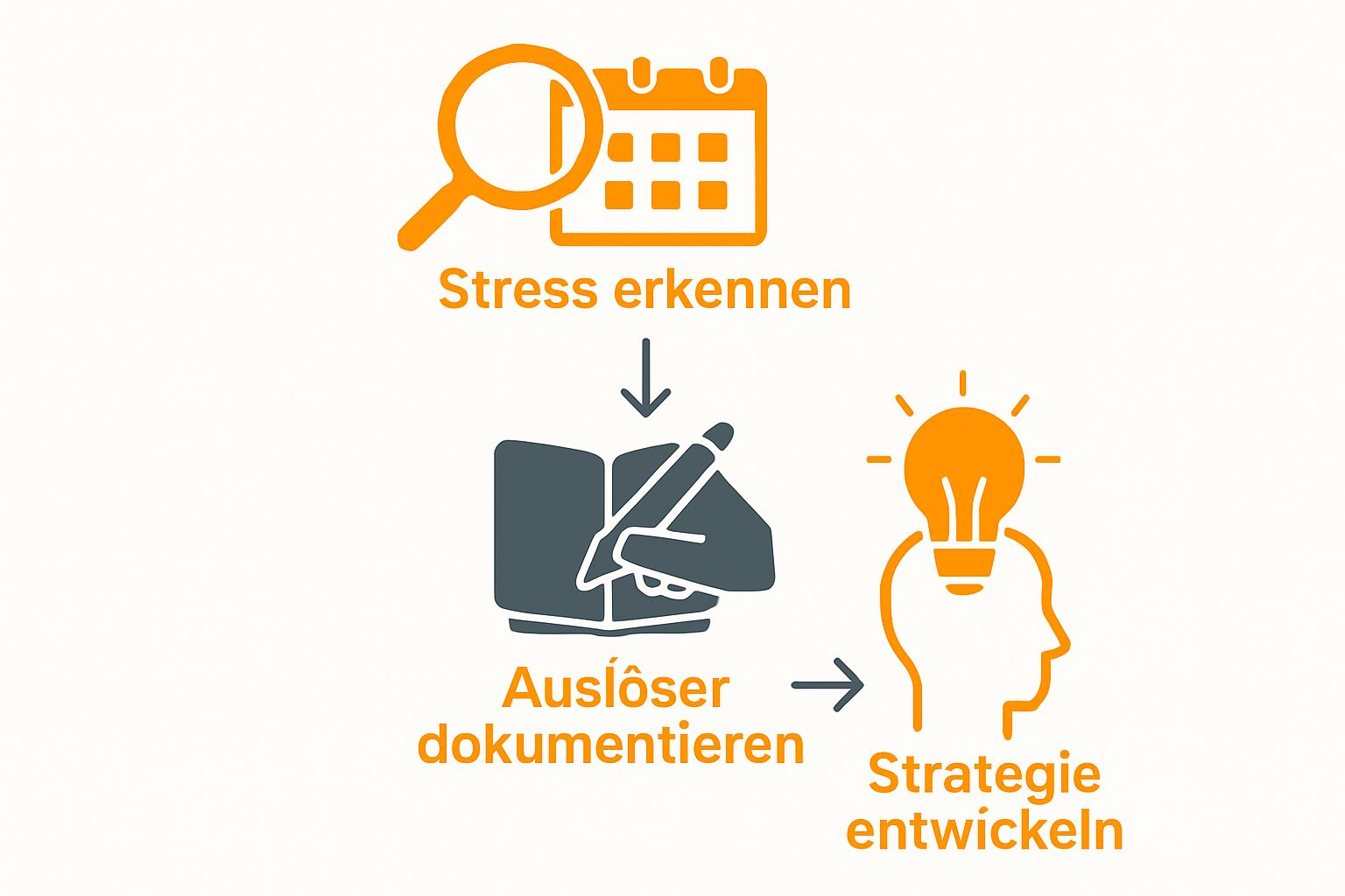 Dreistufiger Stresspräventions-Workflow Symbole: erkennen, dokumentieren, Strategie entwickeln