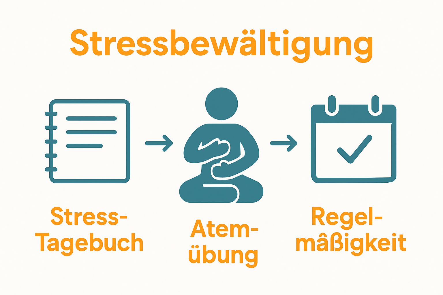 Three-step process: stress diary, breathing exercise, progress review in visual steps