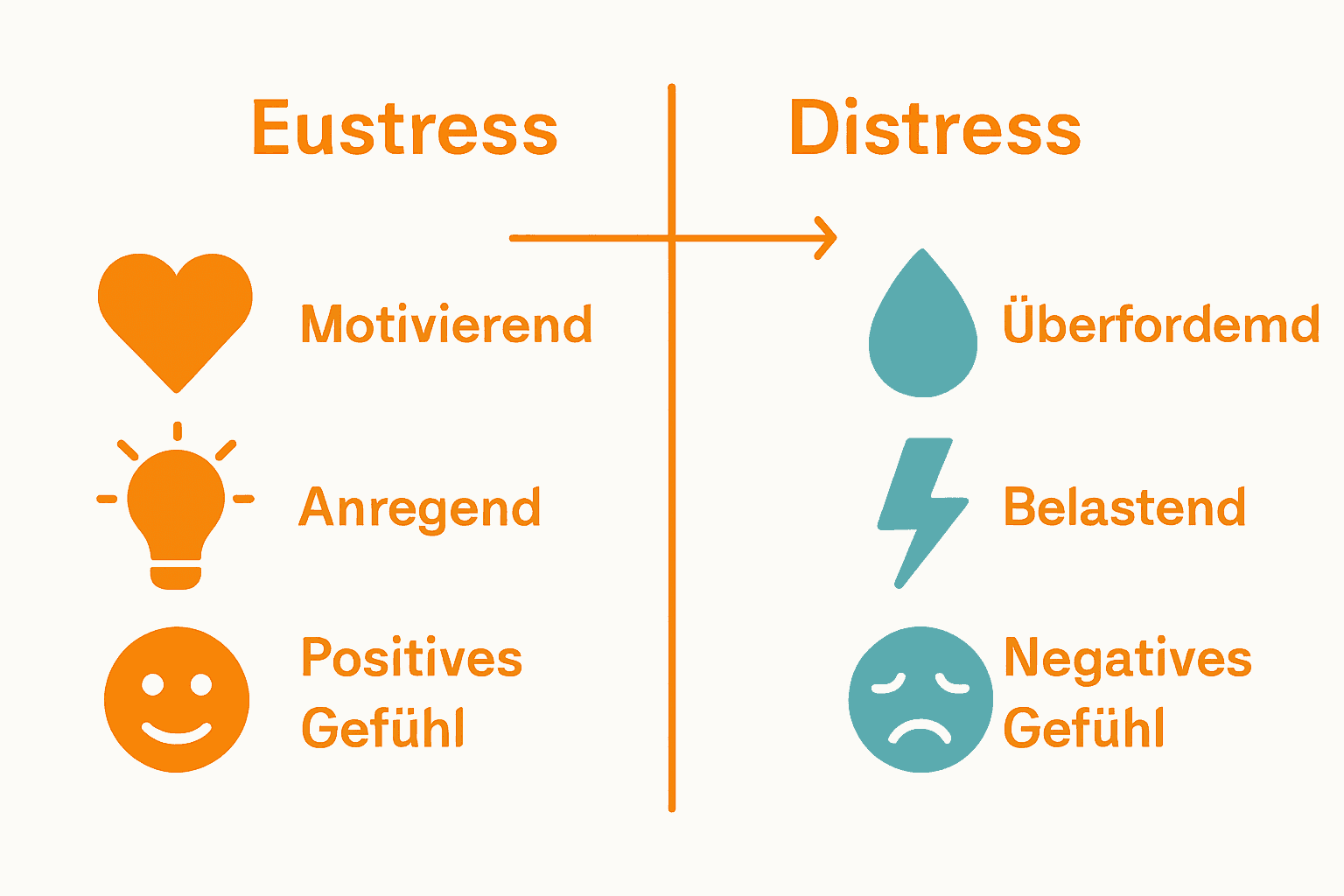 Infografik: Unterschiede zwischen Eustress und Distress mit Symbolen
