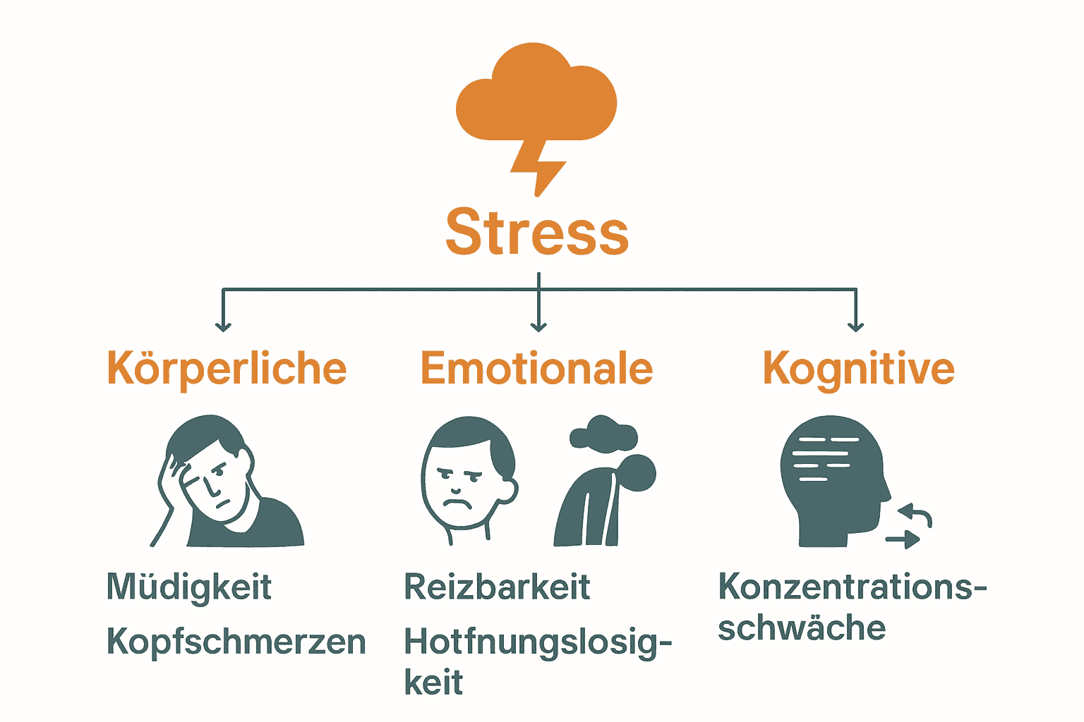 Grafik mit drei Spalten für Stresssymptome: Körperlich, emotional, kognitiv.