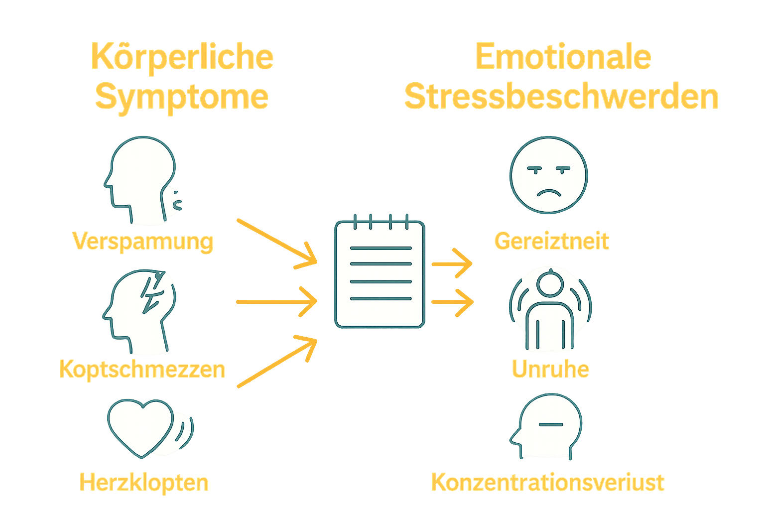Infografik mit körperlichen und mentalen Stresssignalen und Dokumentation