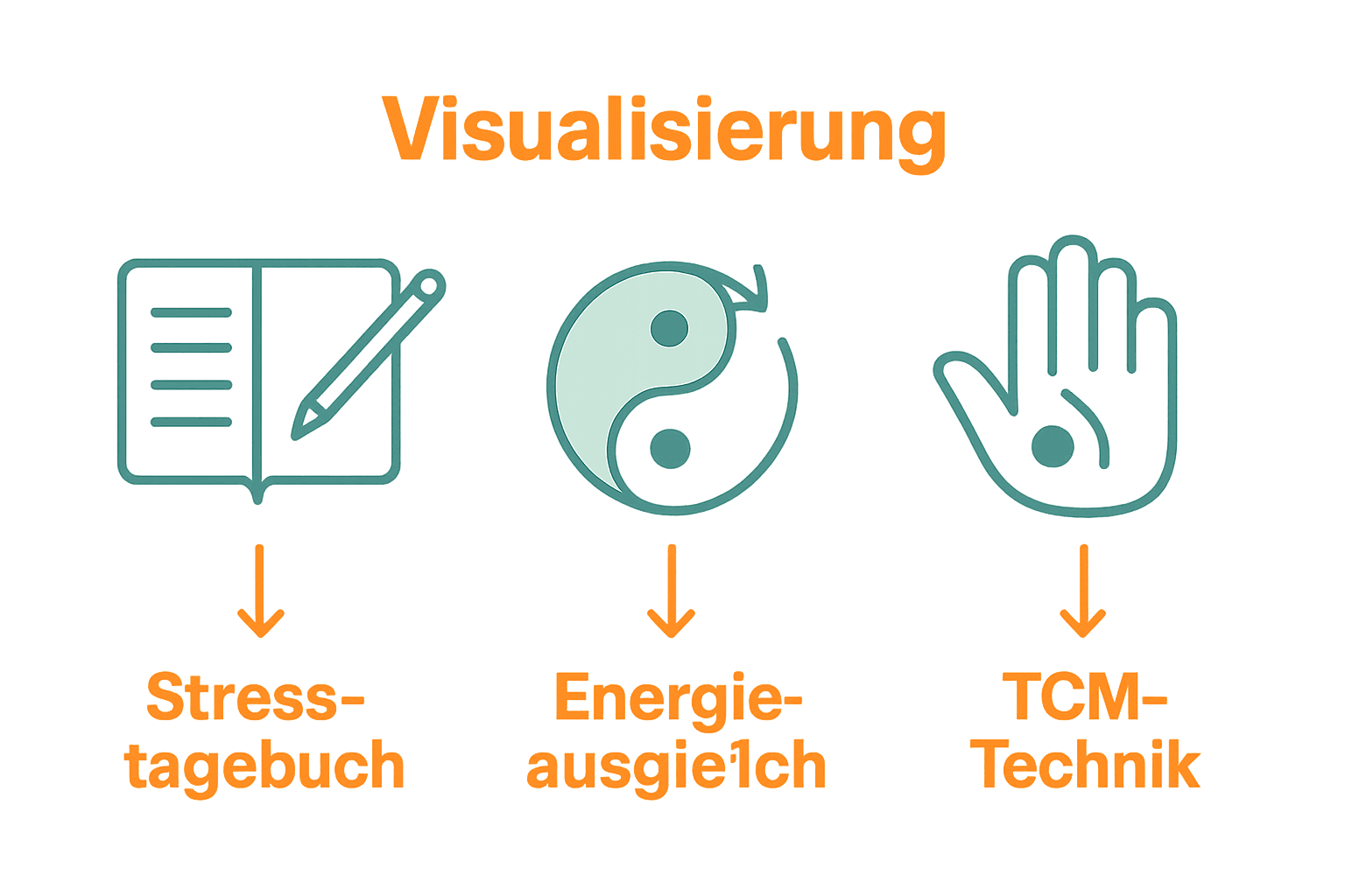 Infografik mit Icons zu Stressmuster, Energieausgleich, TCM-Techniken
