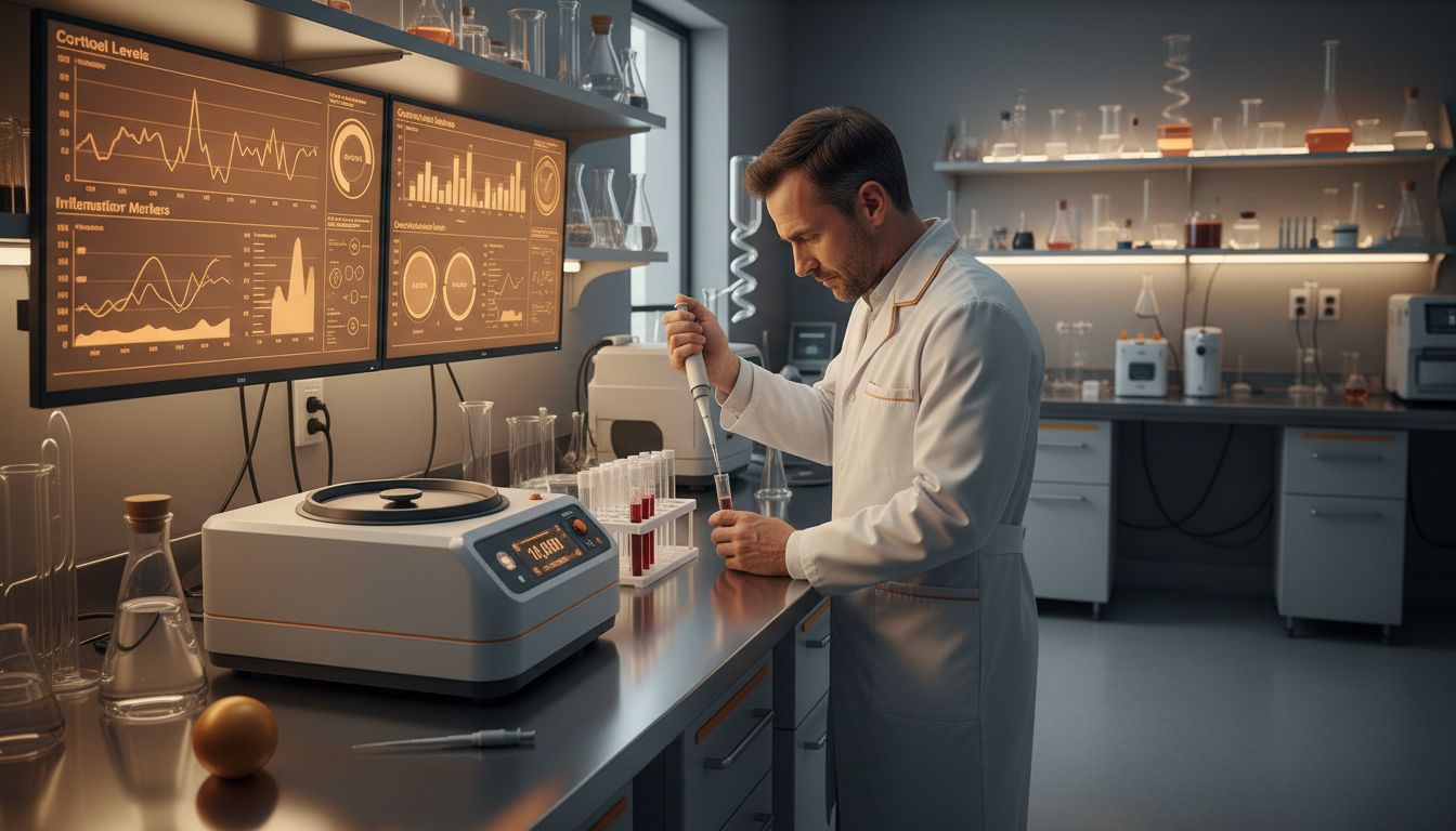 Technician analyzing stress biomarkers in lab