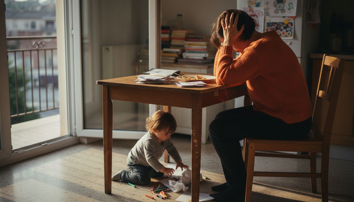Frau mit Kind erlebt Alltagsstress zuhause