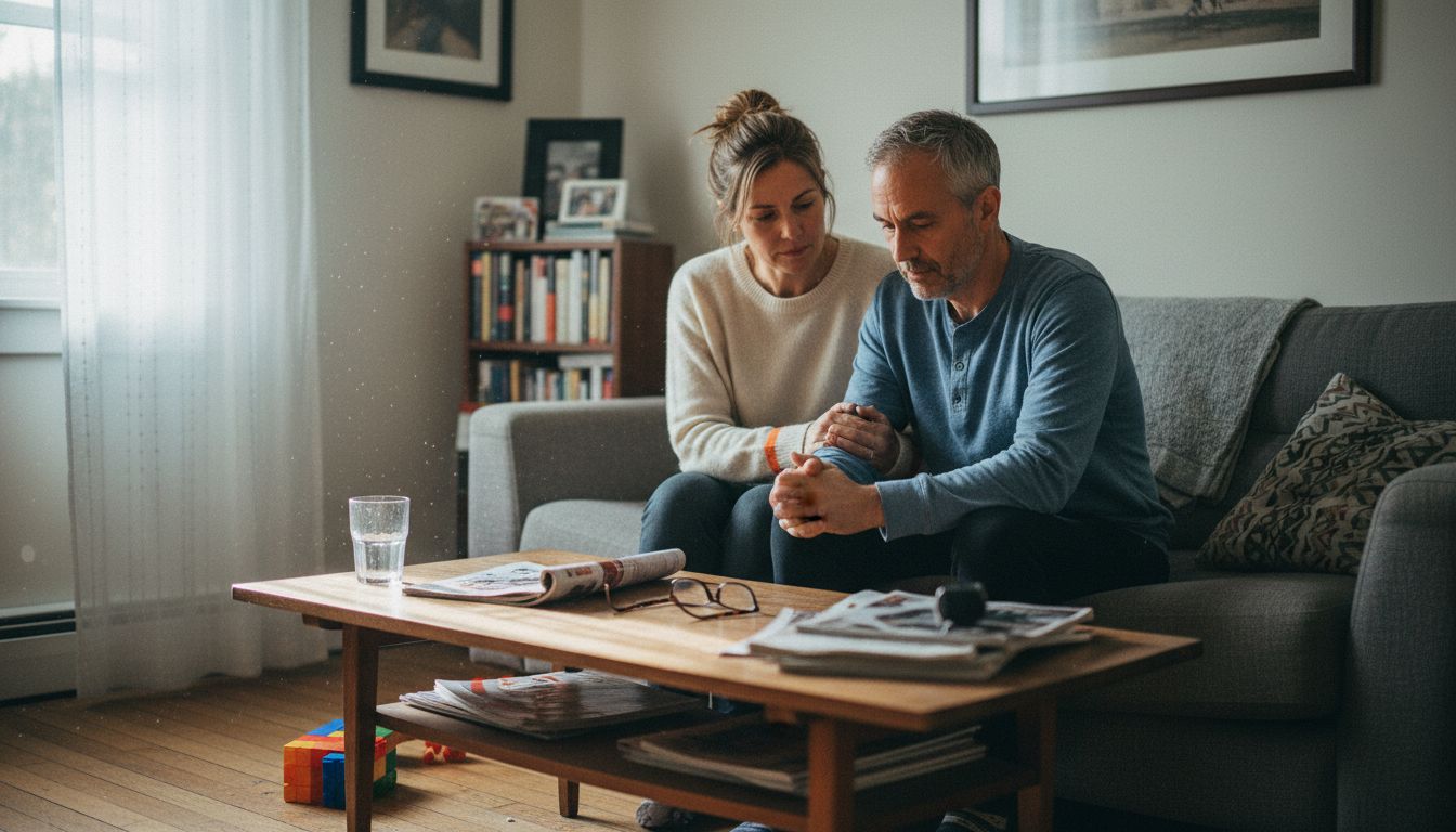 Couple showing emotional support on sofa