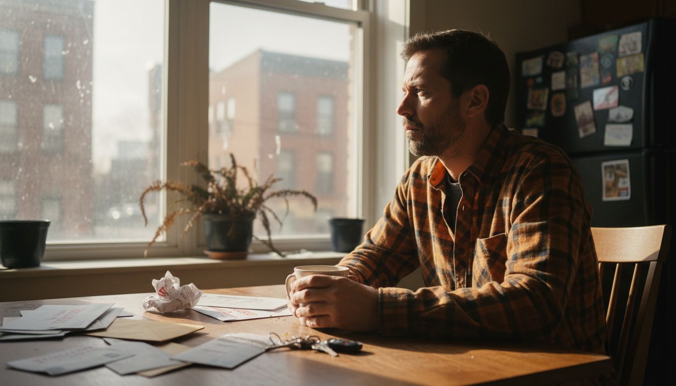 Tired man at kitchen table stressed