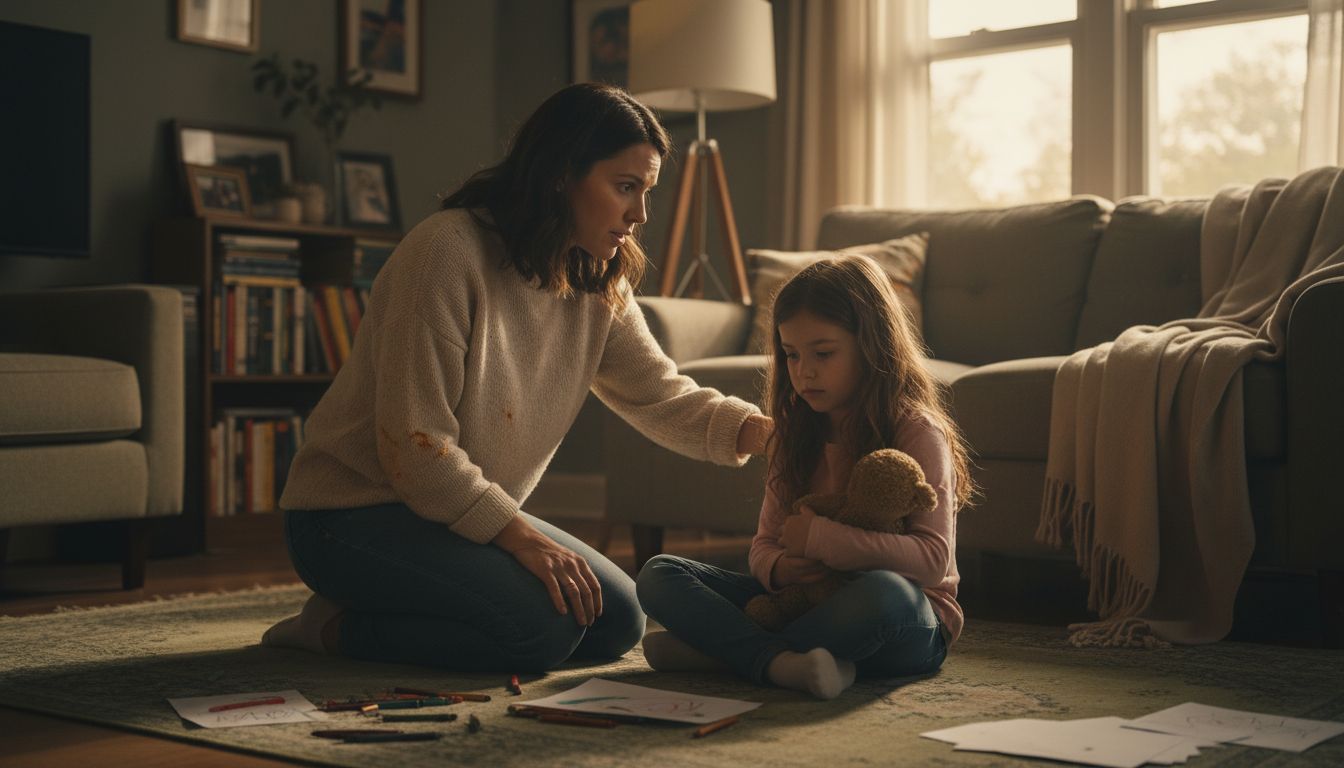 Parent comforting anxious child at home