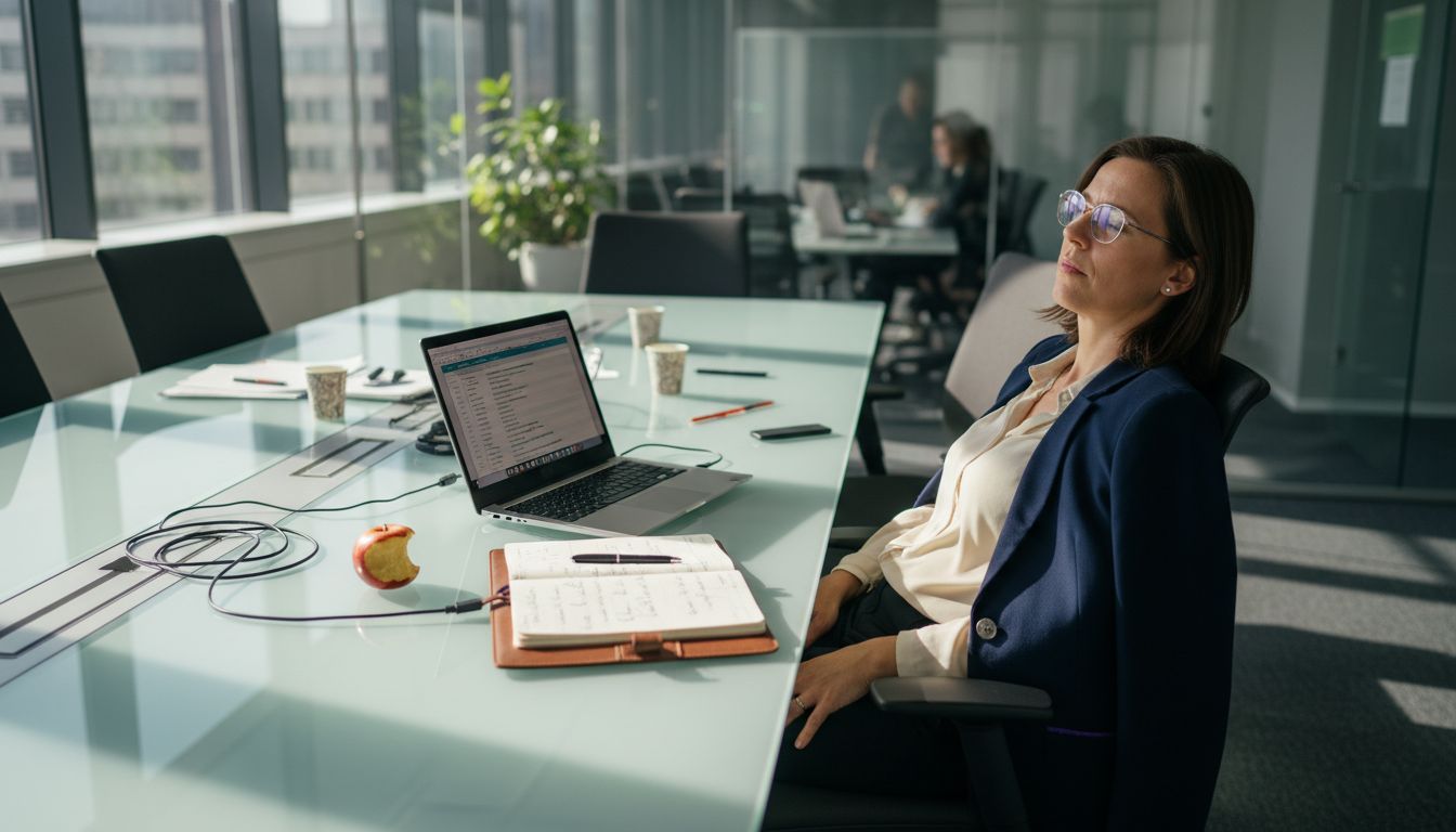 Ein Manager sitzt erschöpft im Büro und wirkt sichtlich ausgelaugt.