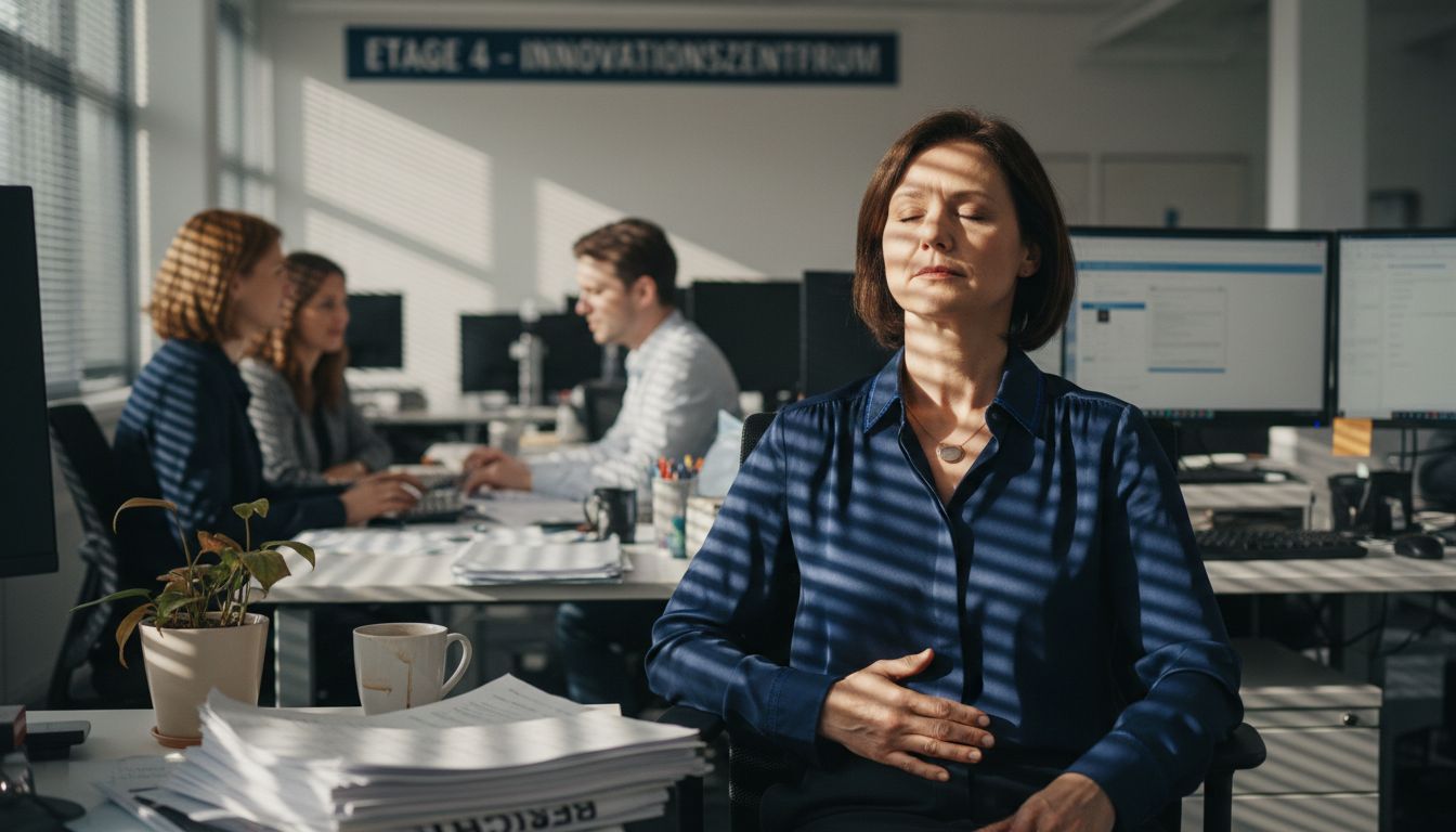 Eine Frau übt gezielte Atemtechniken, um zur Ruhe zu kommen und Stress abzubauen.
