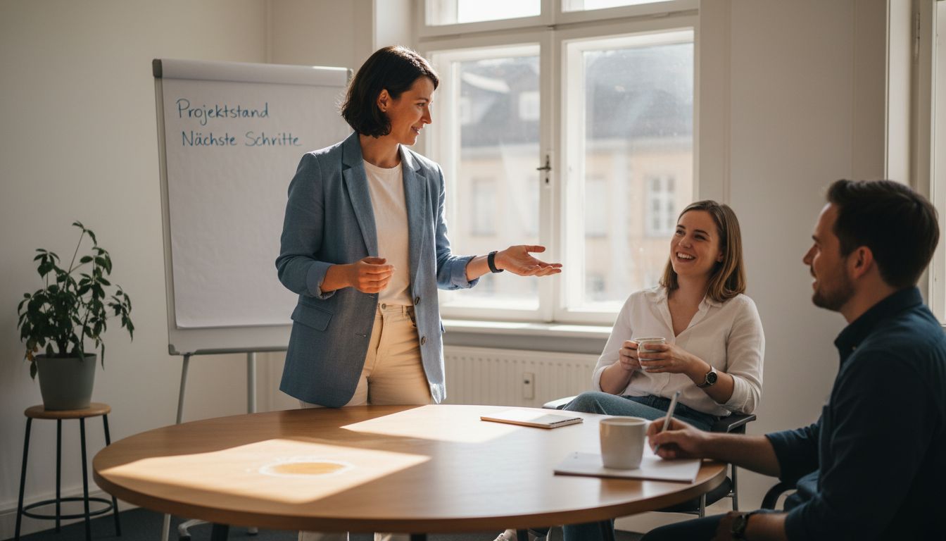 Der Manager leitet das Teammeeting in entspannter Atmosphäre.