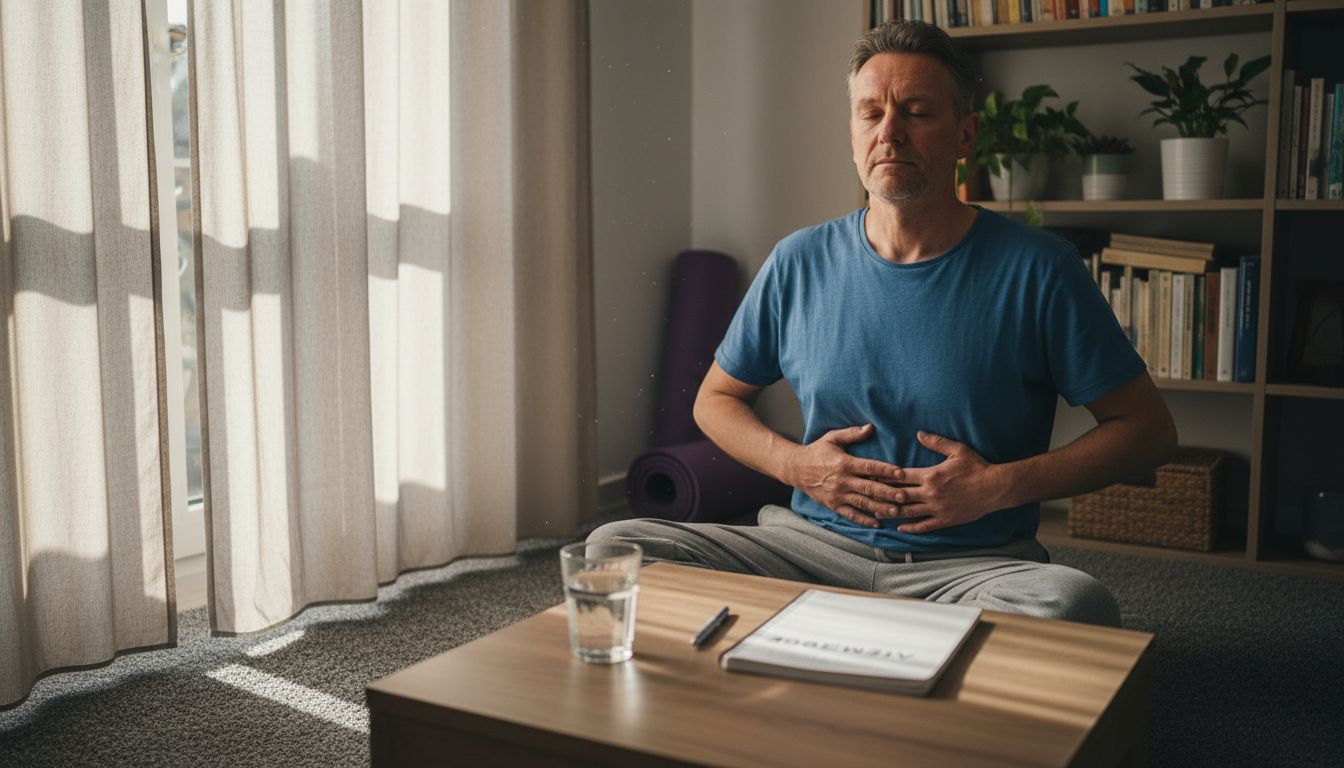 Ein Mann übt angeleitete Atemübungen in seinem Wohnzimmer.