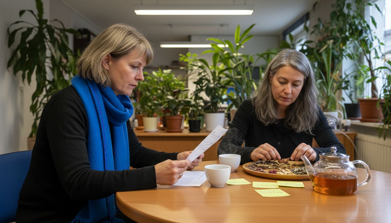 Eine Führungskraft lässt sich im Büro von einer Expertin für Traditionelle Chinesische Medizin beraten.