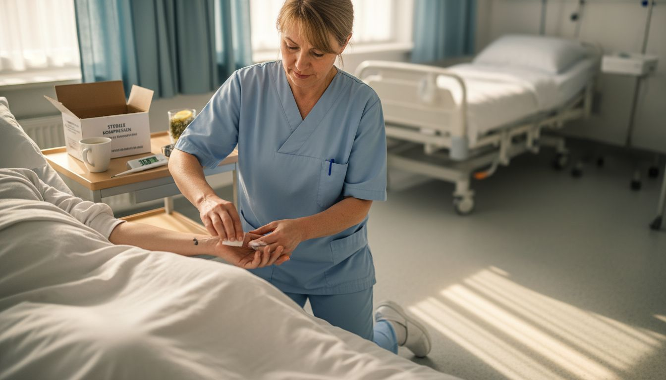 Eine Pflegekraft versorgt eine Wunde während der Genesungsphase.
