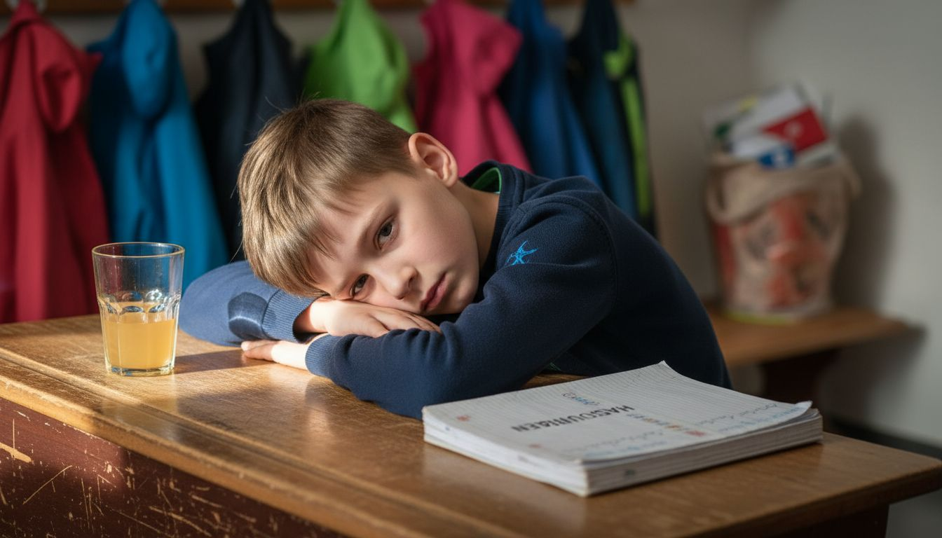 Ein erschöpfter Grundschüler sitzt am Tisch und zeigt deutliche Anzeichen von Stress.