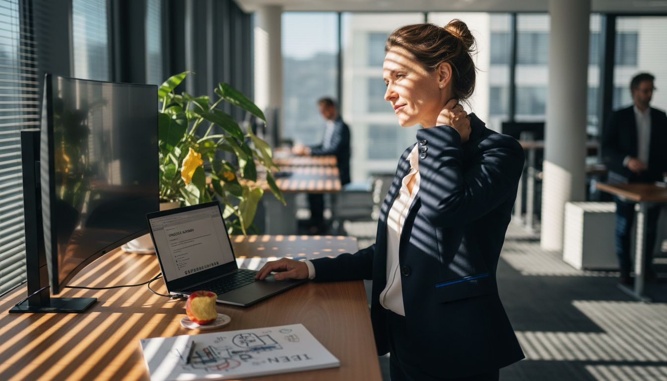 Geschäftsfrau arbeitet am Stehpult in einem Zürcher Büro