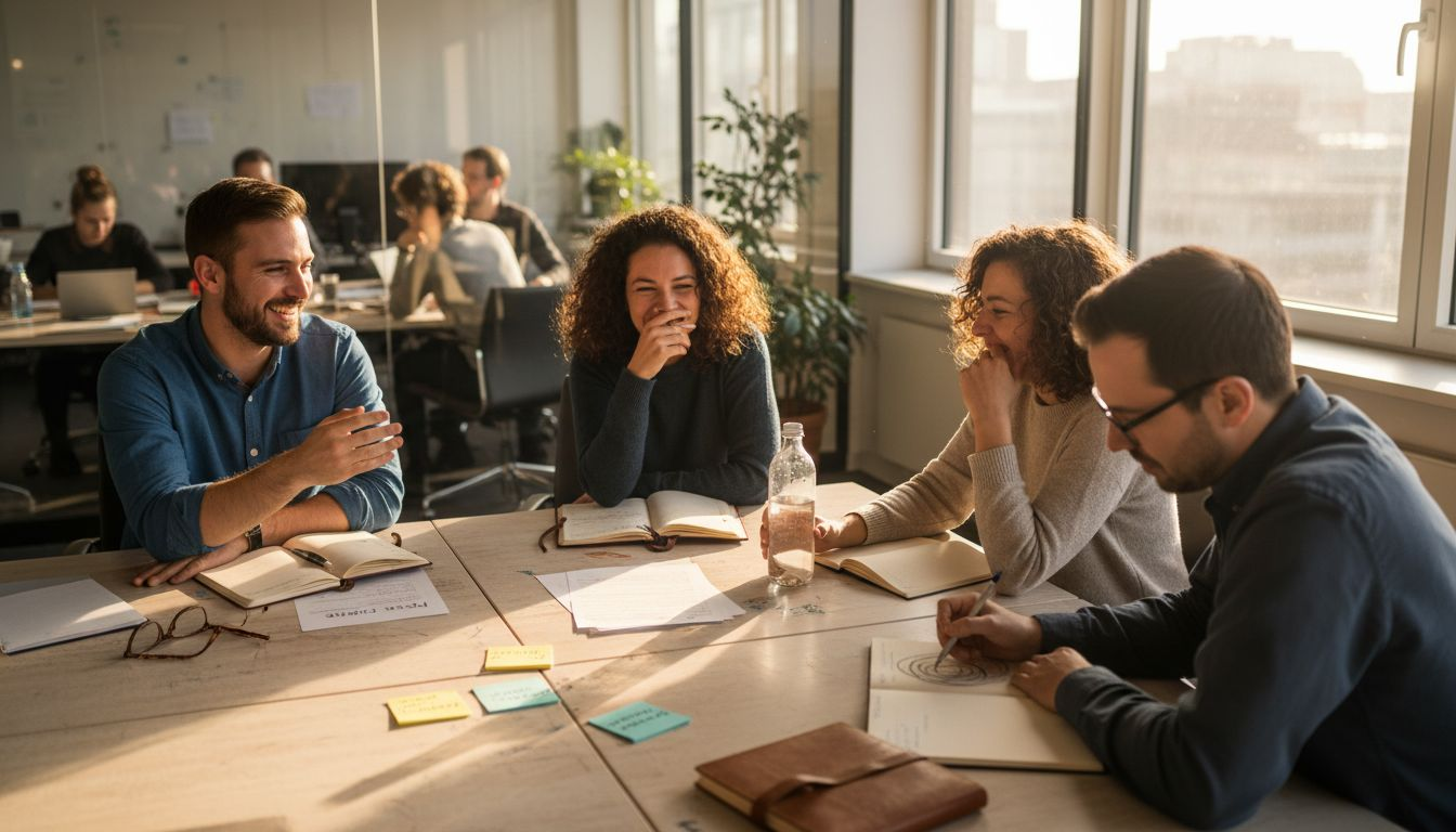 Das Team tauscht sich gemeinsam über berufliche Erfahrungen aus.
