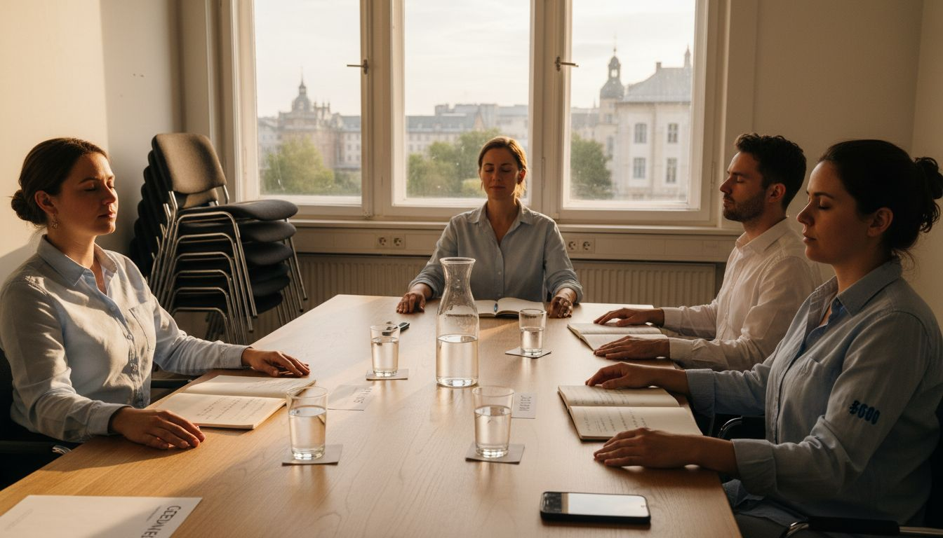 Mitarbeitende nehmen gemeinsam im Besprechungsraum an einer Achtsamkeitsübung teil.