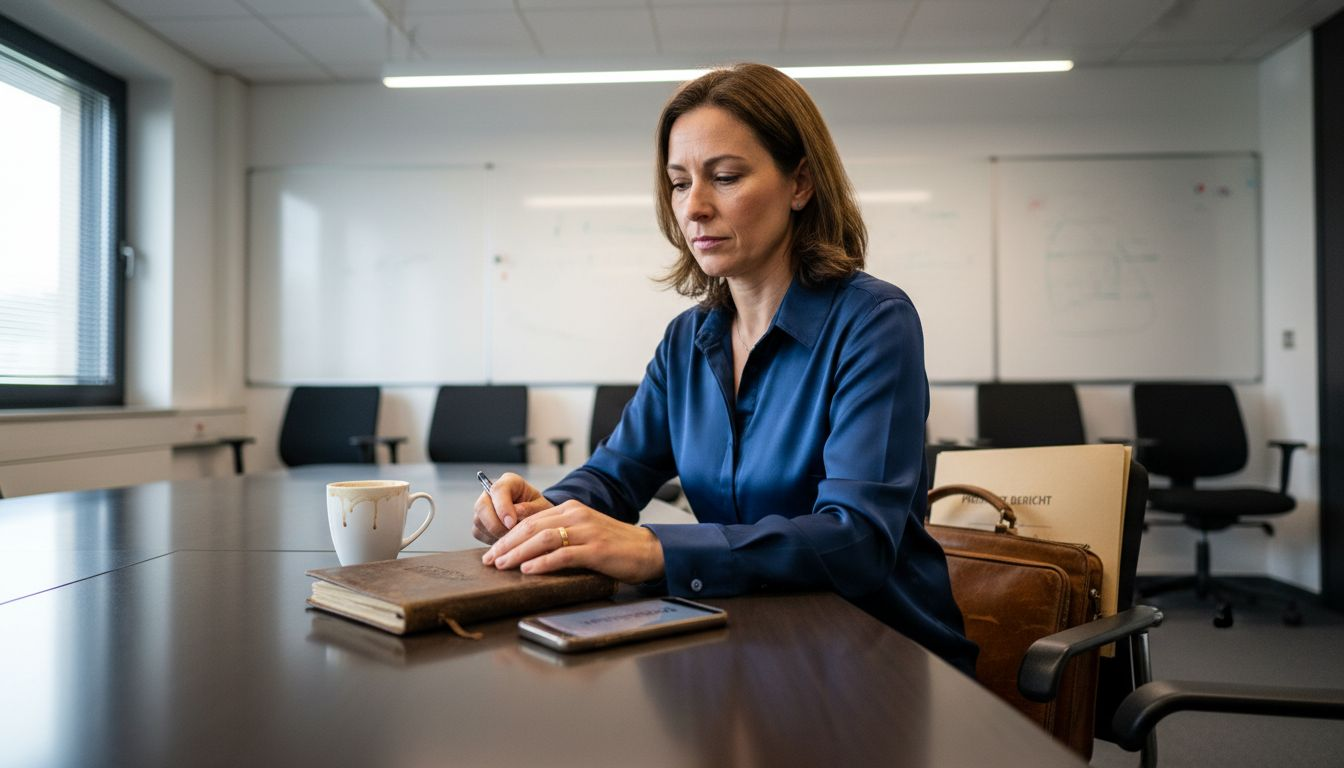 Ein erschöpfter Manager sitzt nach einem langen Meeting am Konferenztisch und wirkt sichtlich müde.