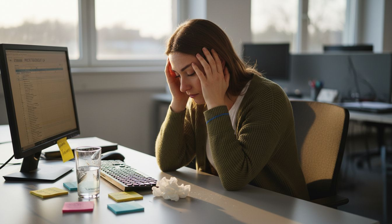 Eine erschöpfte Frau sitzt am Schreibtisch und zeigt deutliche Anzeichen von psychischer Belastung.