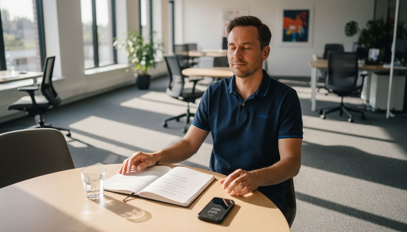 Nach dem Meeting nimmt sich der Manager bewusst Zeit, um zur Ruhe zu kommen und seine Gedanken zu sortieren.