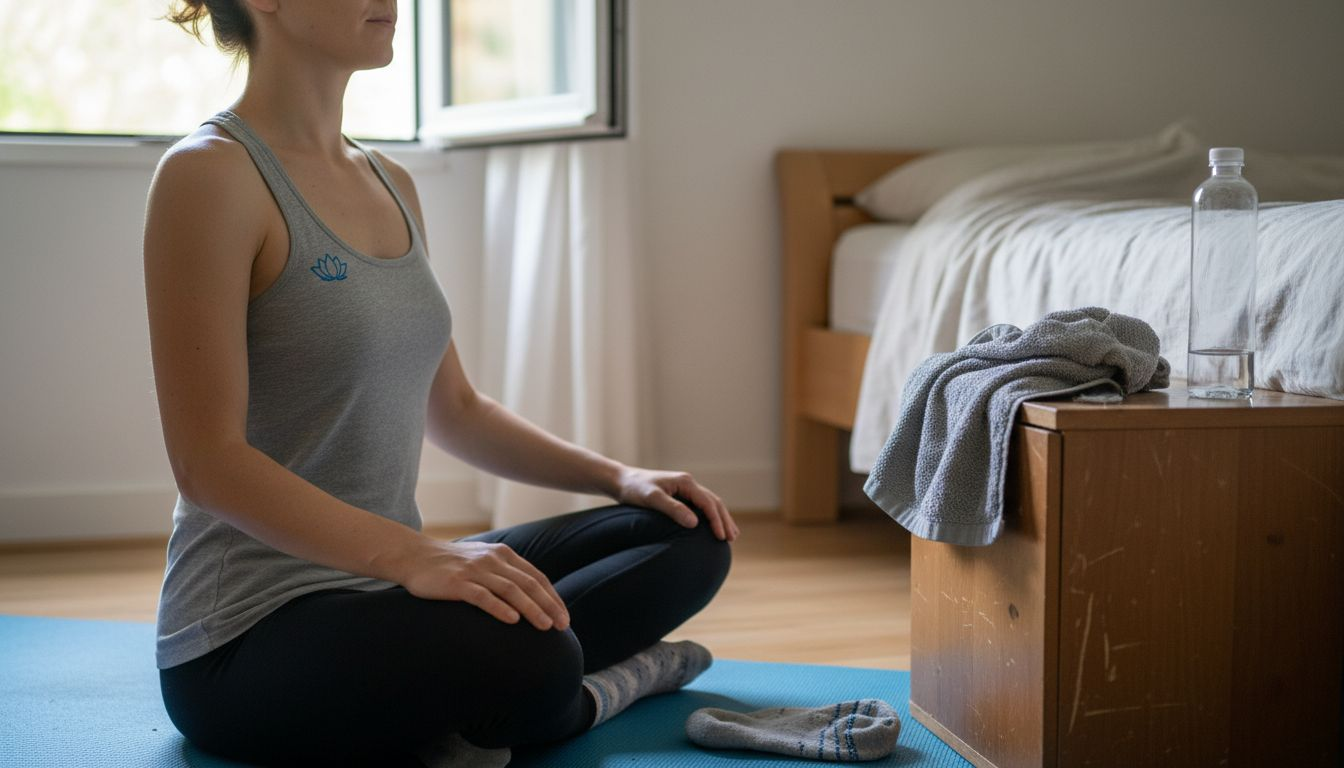 Eine Frau richtet sich auf und nimmt eine aufrechte Sitzhaltung für ihre Atemübung ein.