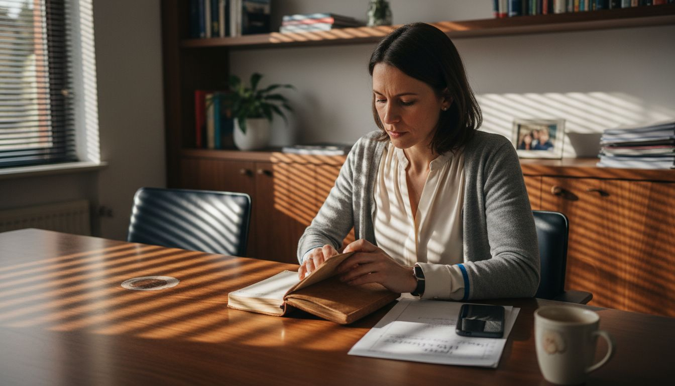 Ein Manager nimmt sich Zeit für Selbstreflexion und hält seine Gedanken in einem Tagebuch fest.