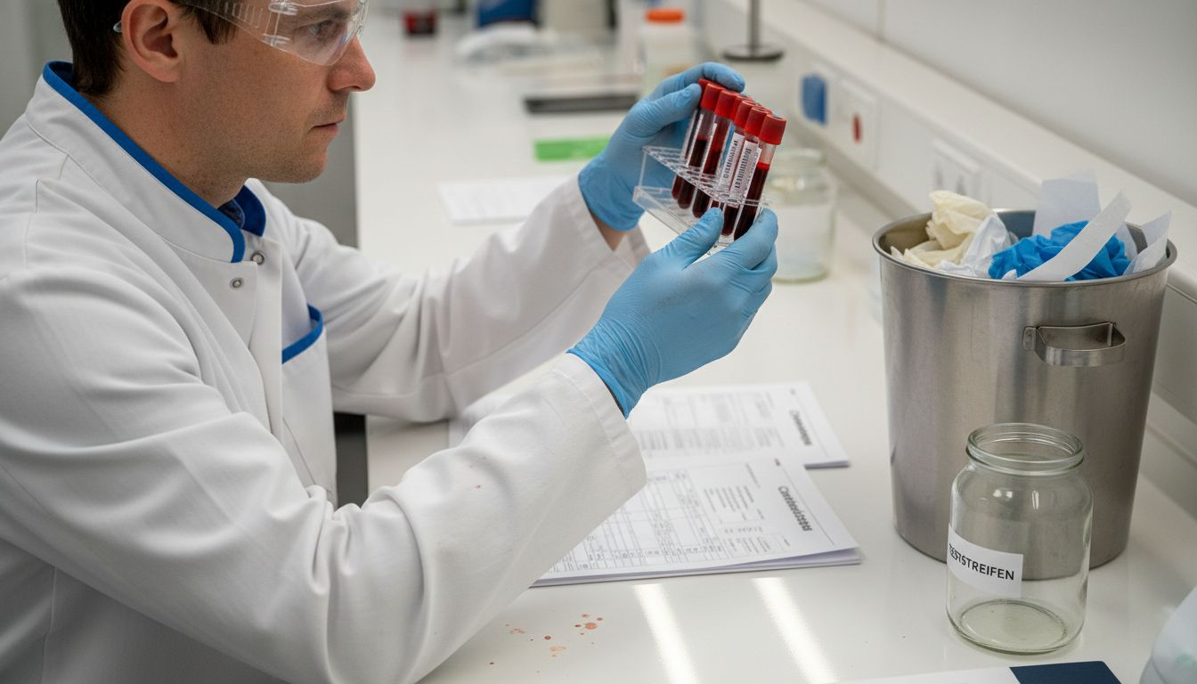 Im Labor überprüft eine Fachkraft Blutproben auf den Cortisolwert.