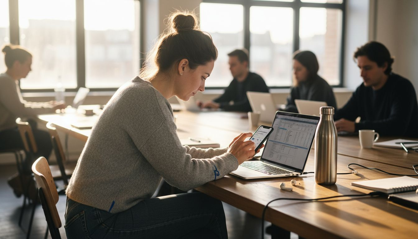Eine Berufstätige nutzt am Gemeinschaftsarbeitsplatz eine App, um ihr Stresslevel im Blick zu behalten.