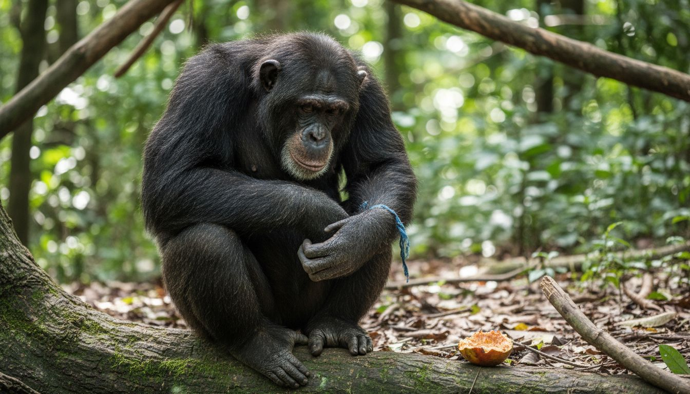 Ein sichtlich gestresster Schimpanse sitzt mitten im Wald – seine Anspannung ist ihm förmlich ins Gesicht geschrieben.