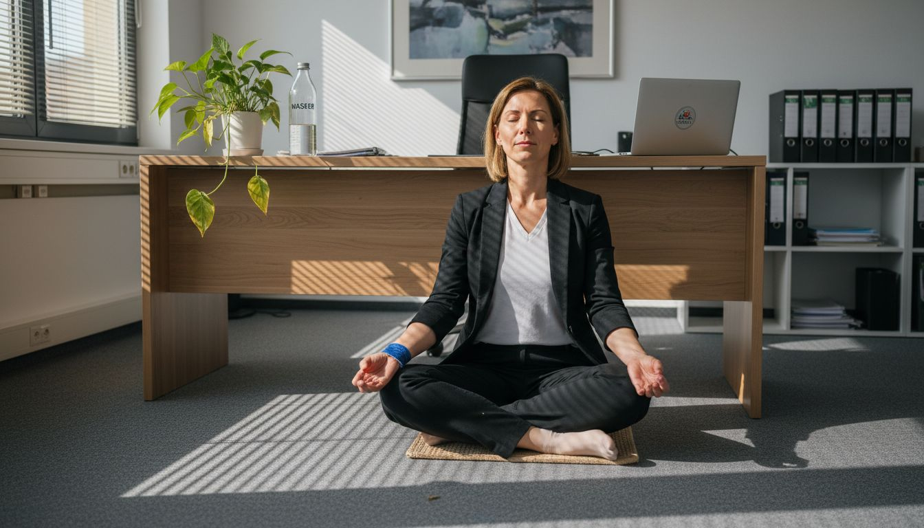 Ein Führungskraft nimmt sich bewusst Zeit zum Meditieren, um Stress abzubauen und innere Ruhe zu finden.