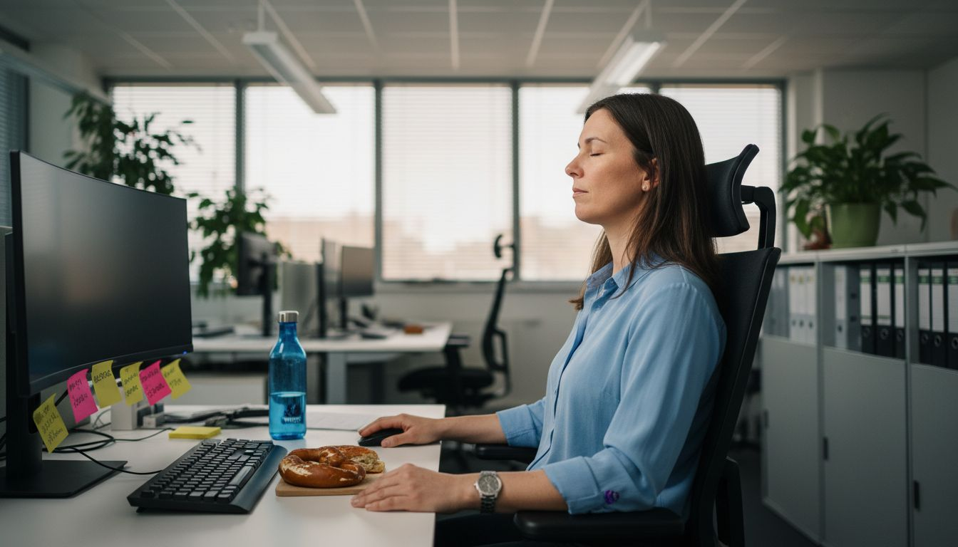 Eine Mitarbeiterin nimmt sich einen kurzen Moment am Schreibtisch, um innezuhalten und zu meditieren.