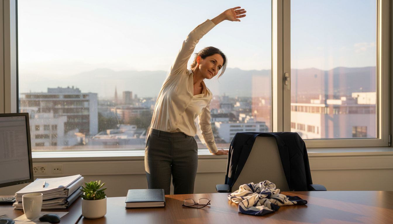 Eine Führungskraft nimmt sich im Büro bewusst Zeit für entspannte Dehnübungen.