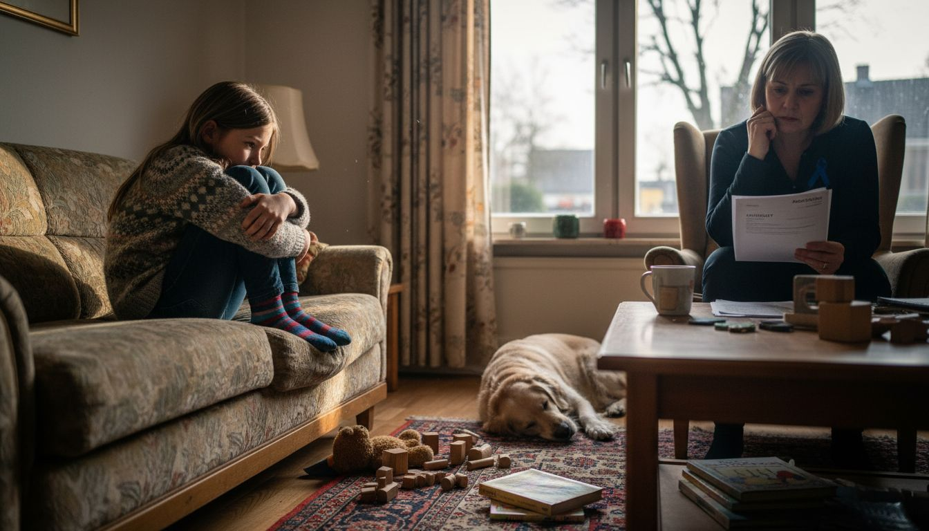 Ein Mädchen sitzt nachdenklich und sichtlich gestresst auf dem Sofa.